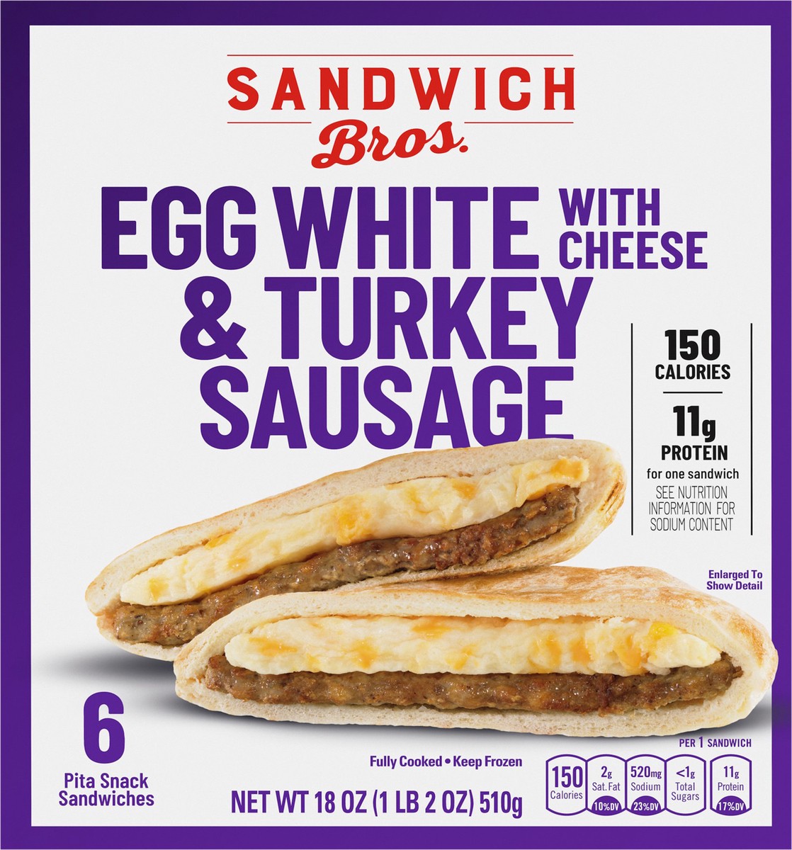 slide 2 of 9, Sandwich Bros. Sandwich Bros Egg White with Cheese and Turkey Sausage, Frozen Breakfast Sandwich, 6 Count, 18 oz, 6 ct; 18 oz