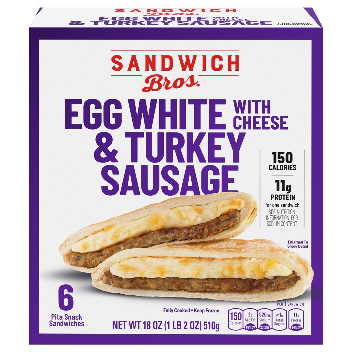 slide 1 of 9, Sandwich Bros. Sandwich Bros Egg White with Cheese and Turkey Sausage, Frozen Breakfast Sandwich, 6 Count, 18 oz, 6 ct; 18 oz