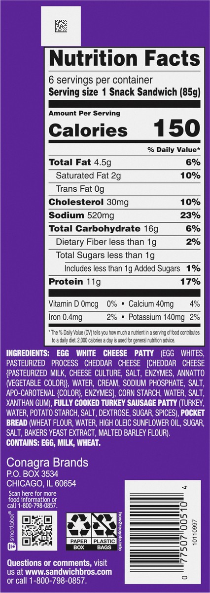 slide 6 of 9, Sandwich Bros. Sandwich Bros Egg White with Cheese and Turkey Sausage, Frozen Breakfast Sandwich, 6 Count, 18 oz, 6 ct; 18 oz