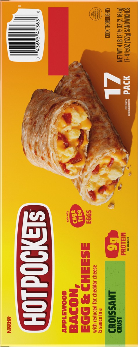 slide 5 of 14, Hot Pockets Frozen Snack Applewood Bacon, Egg and Cheese Croissant Crust Frozen Breakfast Sandwiches, 76.50 oz