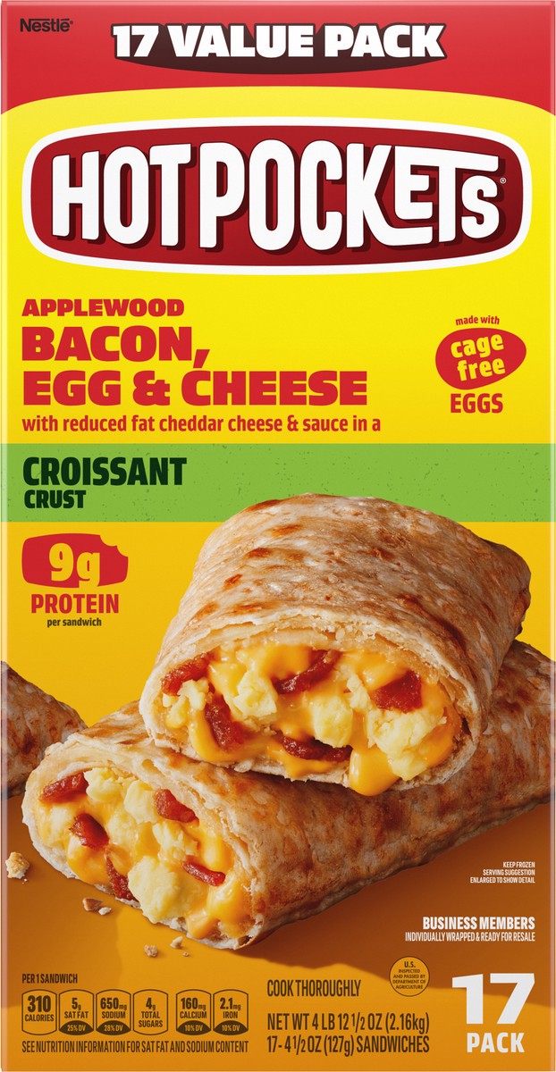 slide 13 of 14, Hot Pockets Frozen Snack Applewood Bacon, Egg and Cheese Croissant Crust Frozen Breakfast Sandwiches, 76.50 oz