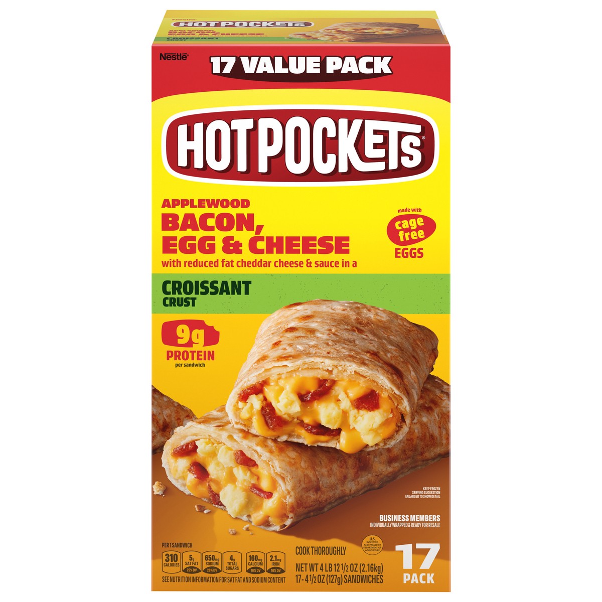 slide 4 of 14, Hot Pockets Frozen Snack Applewood Bacon, Egg and Cheese Croissant Crust Frozen Breakfast Sandwiches, 76.50 oz