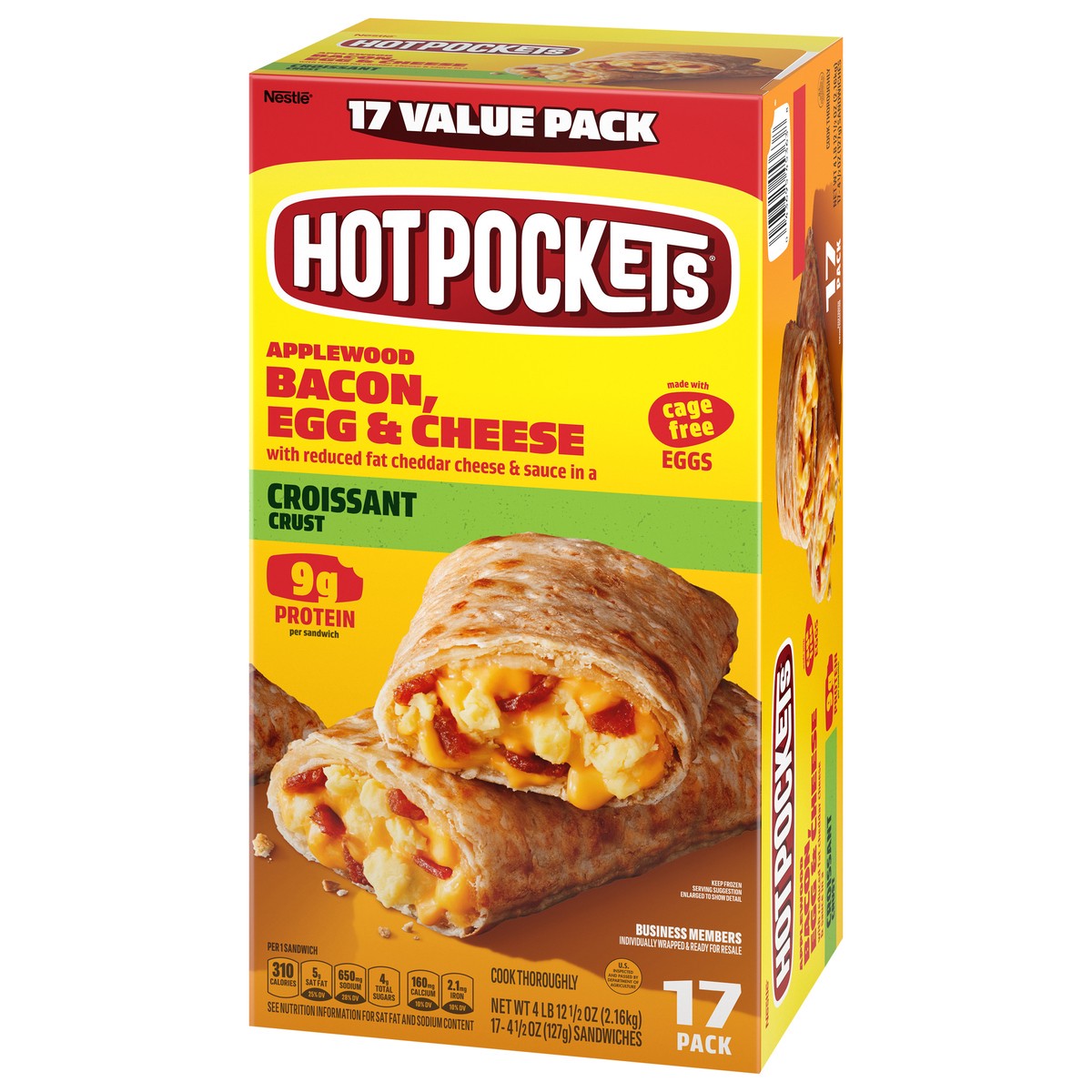 slide 11 of 14, Hot Pockets Frozen Snack Applewood Bacon, Egg and Cheese Croissant Crust Frozen Breakfast Sandwiches, 76.50 oz