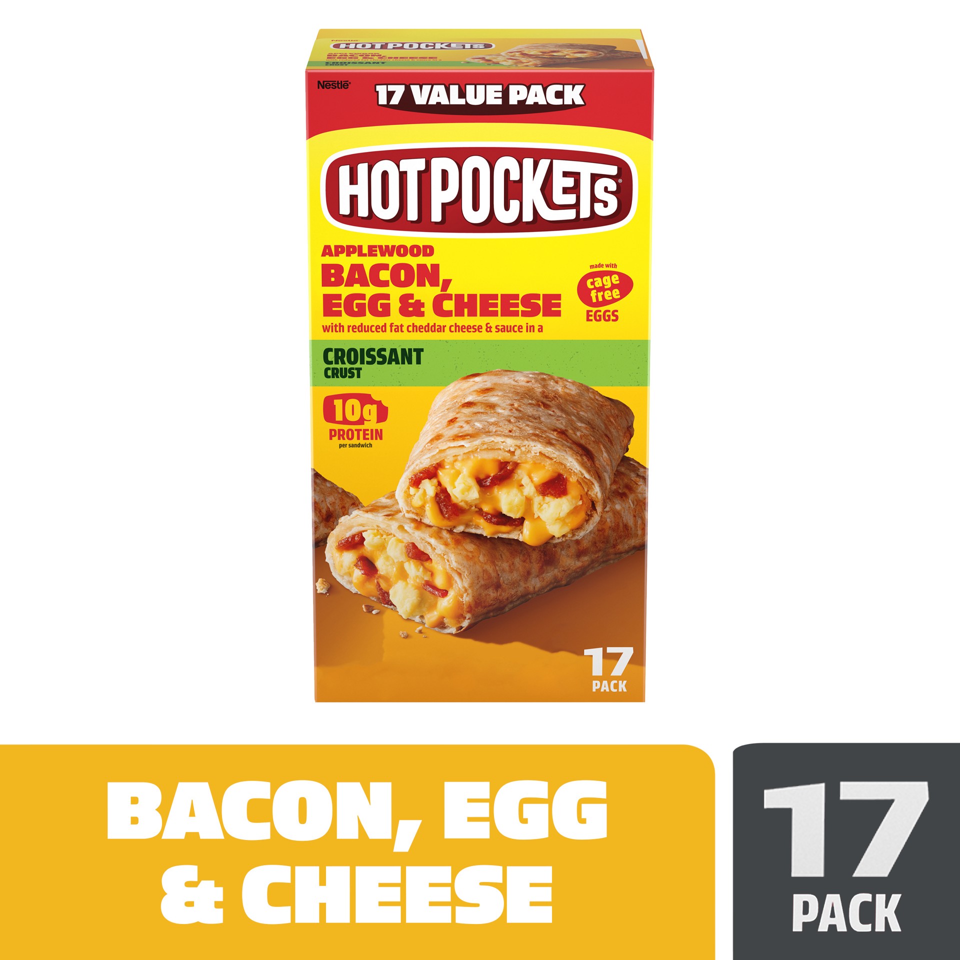 slide 1 of 14, Hot Pockets Frozen Snack Applewood Bacon, Egg and Cheese Croissant Crust Frozen Breakfast Sandwiches, 76.50 oz