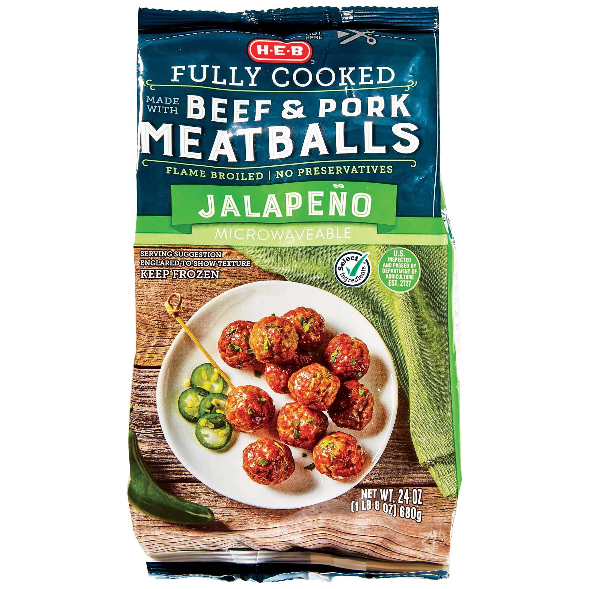 slide 1 of 1, H-E-B Select Ingredients Beef and Pork Jalapeno Meatballs, 24 oz