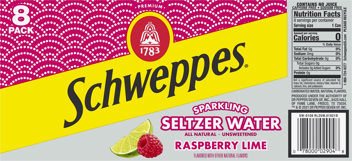 slide 2 of 7, Schweppes Raspberry Lime Sparkling Water Beverage, 12 fl oz cans, 8 pack, 8 ct