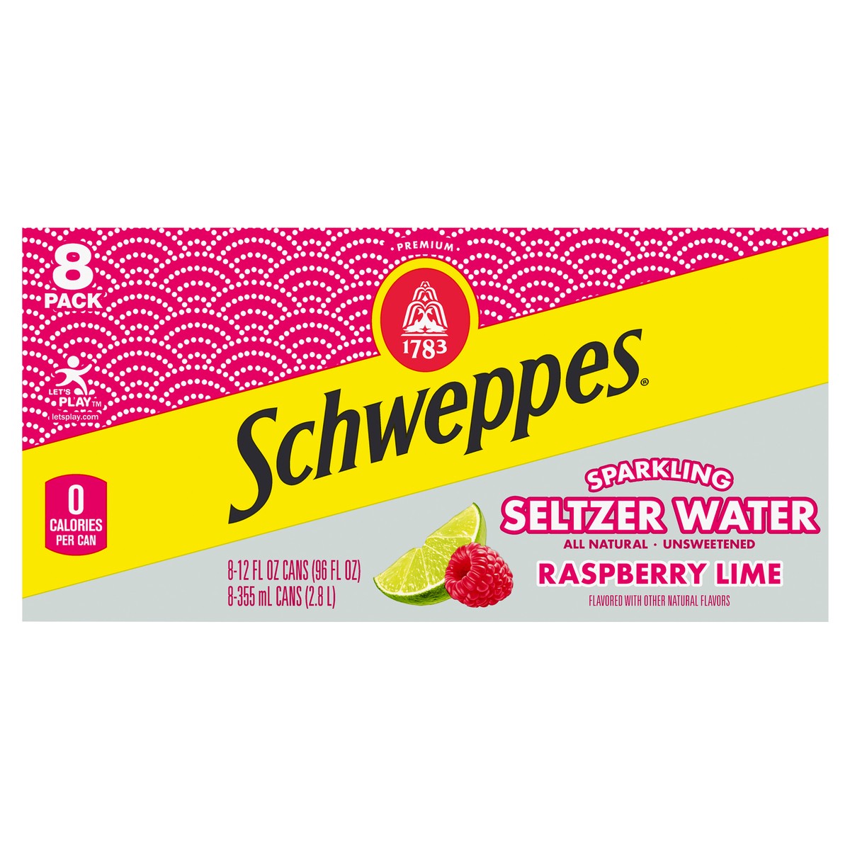 slide 1 of 7, Schweppes Raspberry Lime Sparkling Water Beverage, 12 fl oz cans, 8 pack, 8 ct