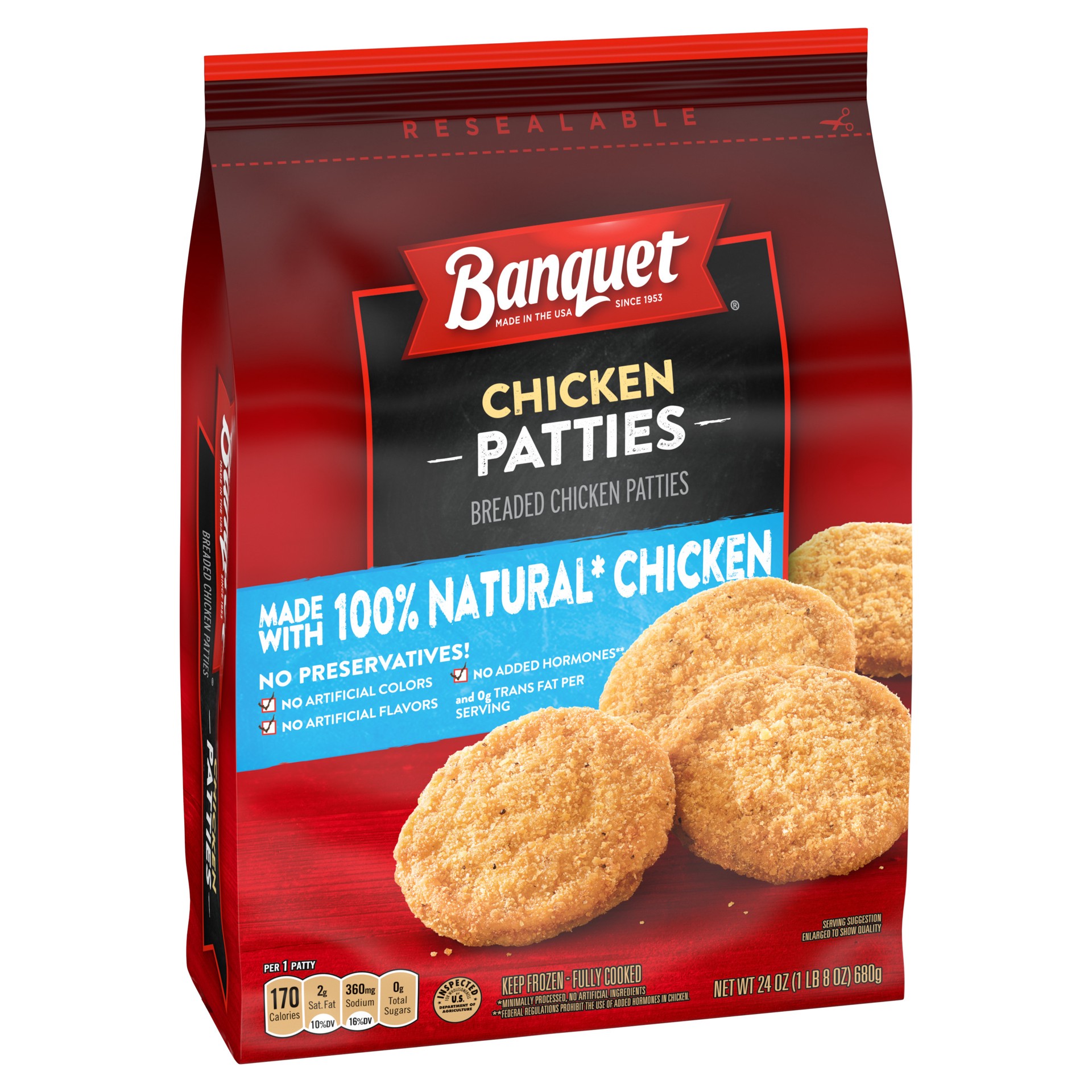 slide 3 of 5, Banquet Frozen Chicken Patties Made With 100% Natural* Chicken, 24 oz., 24 oz