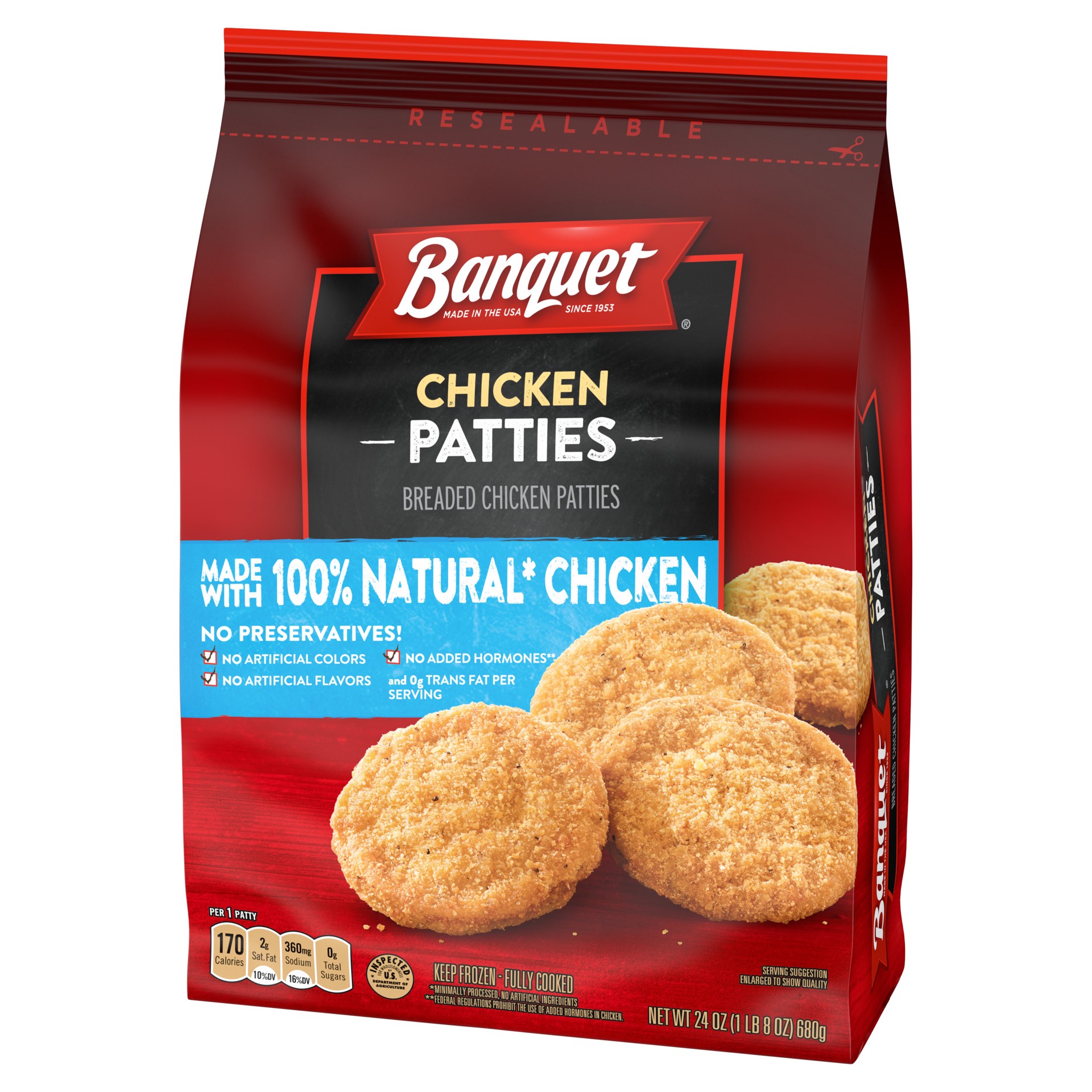 slide 2 of 5, Banquet Frozen Chicken Patties Made With 100% Natural* Chicken, 24 oz., 24 oz