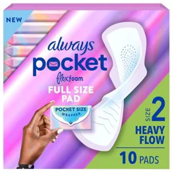 Always Pocket Feminine Pads with FlexFoam, Size 2, Heavy Flow, with Wings, Unscented, 10 Count