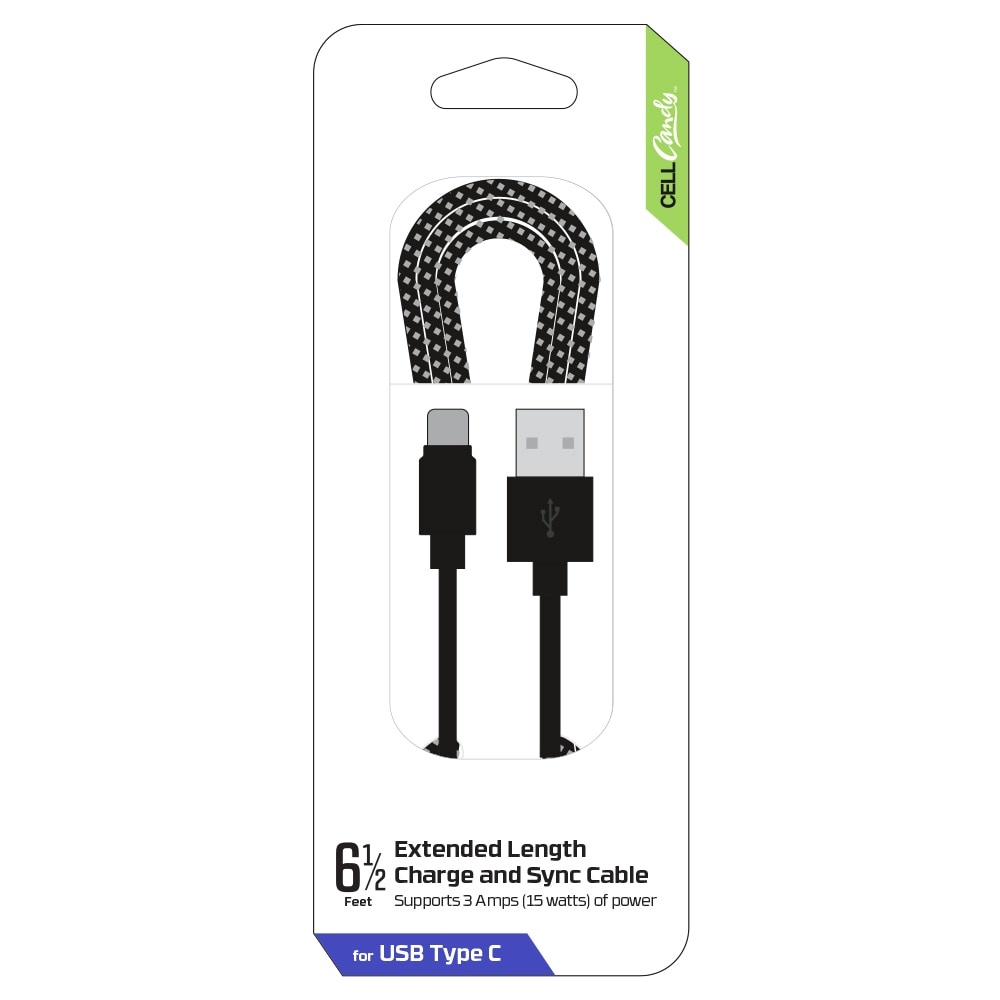 slide 1 of 1, Cellcandy Extended Length Charge And Sync Usb-Type C Cable - Black, 6.5 ft