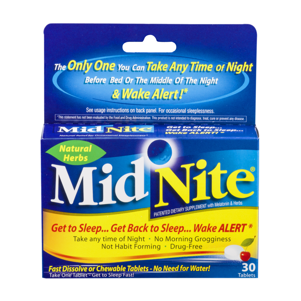 slide 1 of 1, MidNite Drug Free Melatonin & Herbs in Cherry Flavor Sleep Aid Dietary Supplement, 30 ct