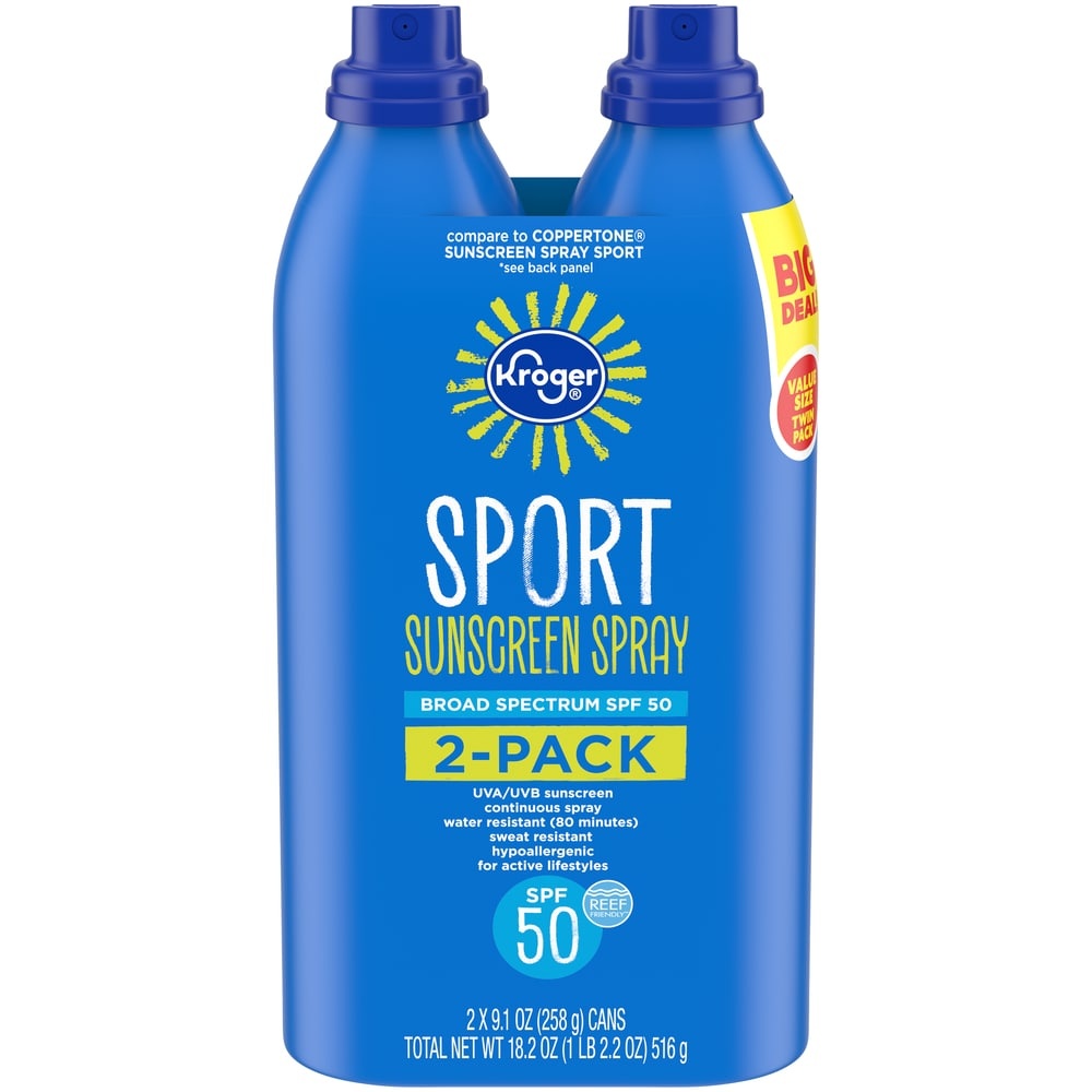 slide 1 of 1, Kroger Broad Spectrum Spf 50 Sport Sunscreen Spray, 2 ct; 9.1 oz
