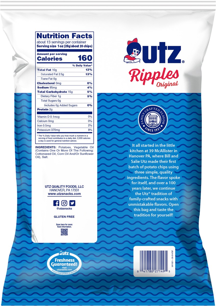 slide 5 of 12, Utz Ripples Original Potato Chips, Gluten-Free, 12.5 oz Party Size Bag, 12.5 oz