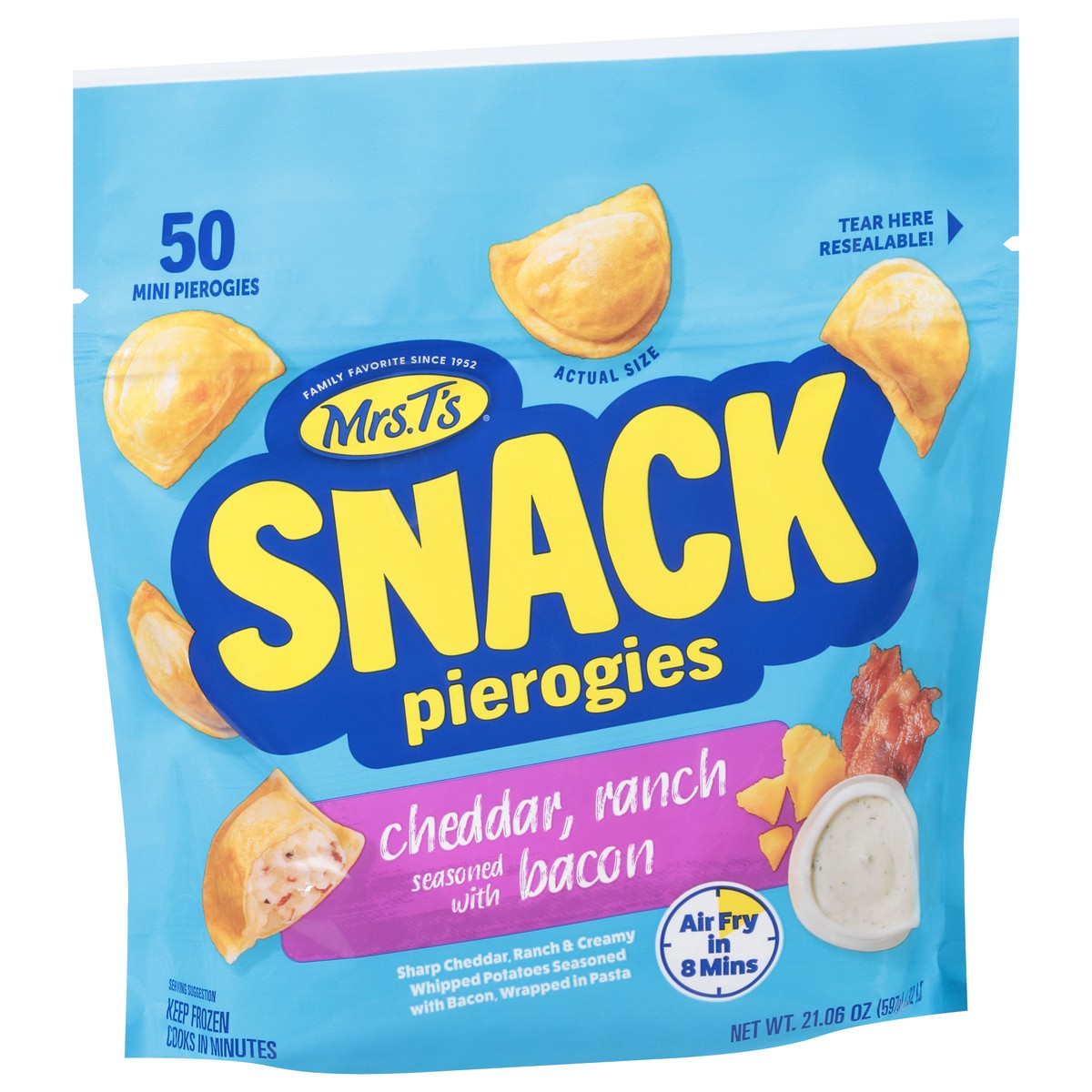 slide 10 of 13, Mrs. T's Snack Cheddar Ranch Seasoned with Bacon Pierogies Mini 50 ea, 50 ct