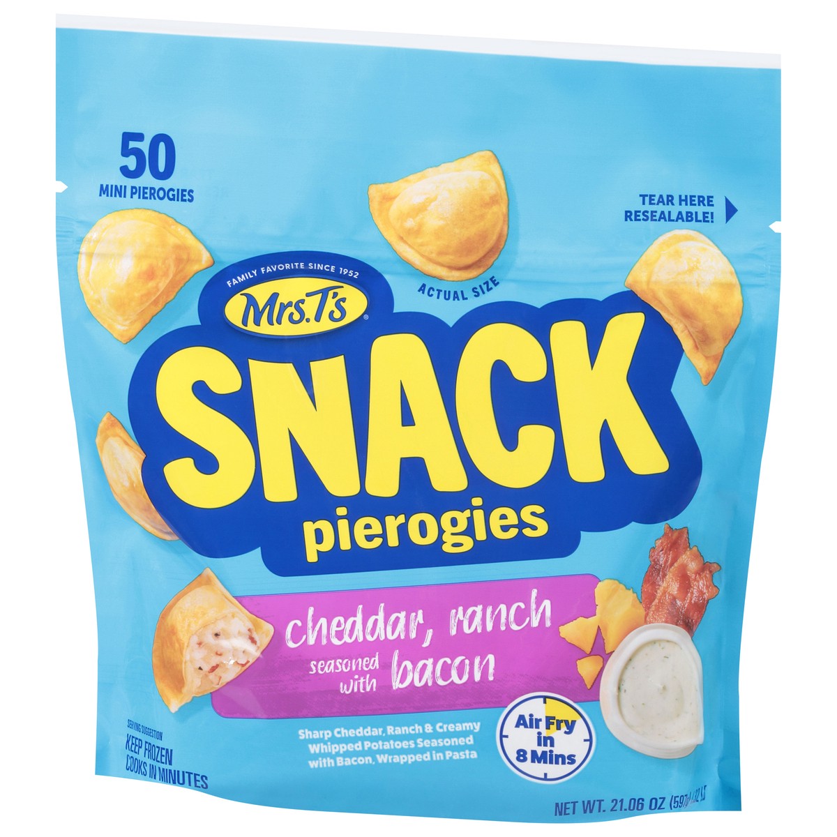 slide 5 of 13, Mrs. T's Snack Cheddar Ranch Seasoned with Bacon Pierogies Mini 50 ea, 50 ct