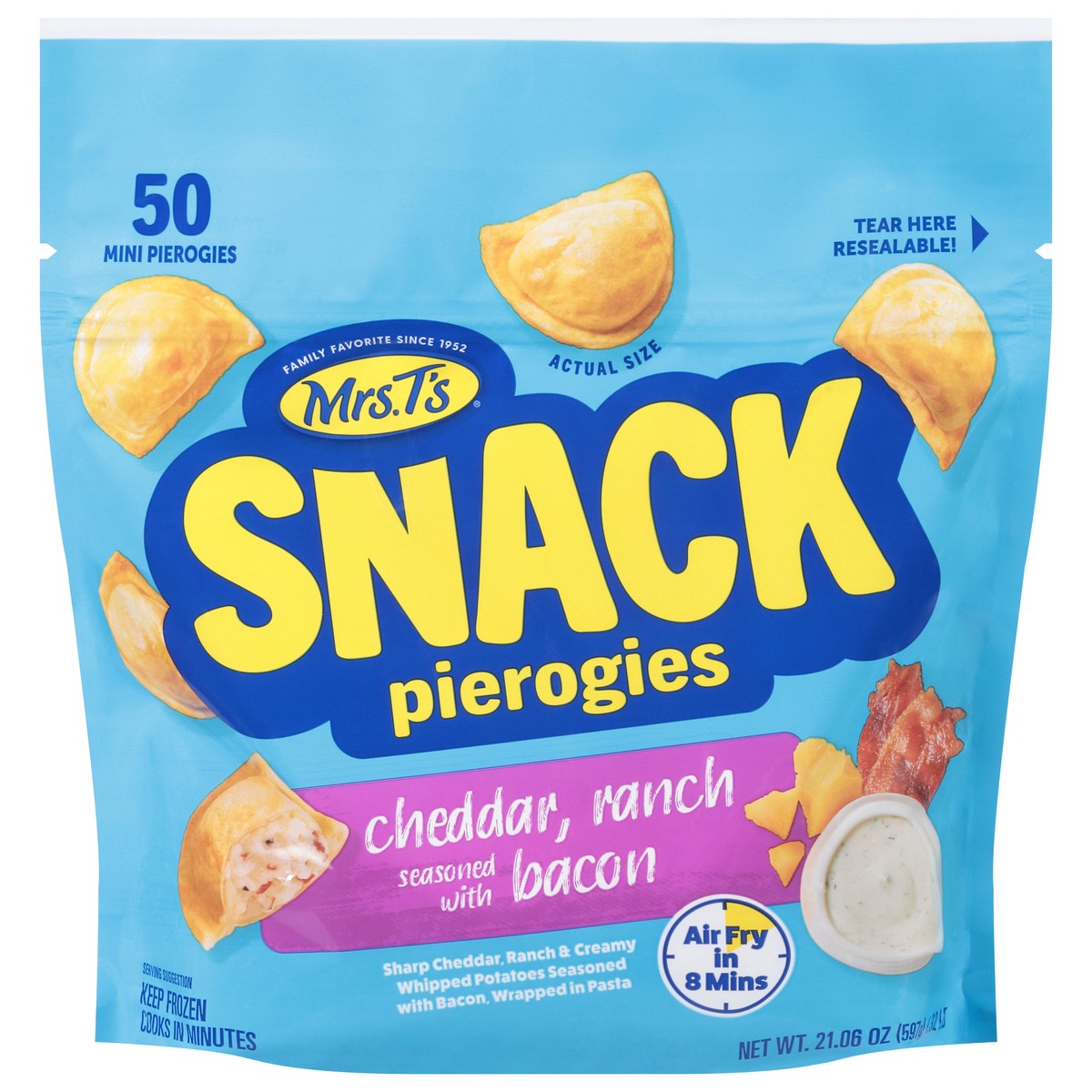 slide 13 of 13, Mrs. T's Snack Cheddar Ranch Seasoned with Bacon Pierogies Mini 50 ea, 50 ct