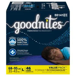 Goodnites Boys'' Nighttime Bedwetting Underwear, Size Large (68-95 lbs), 46 Ct