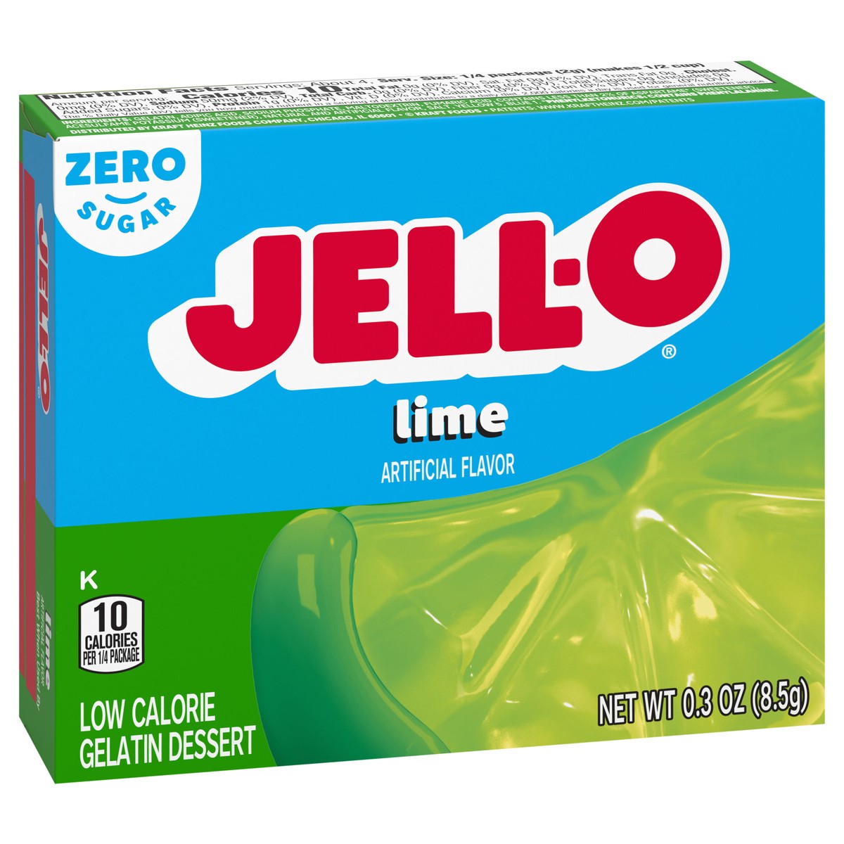 slide 2 of 9, Jell-O Lime Artificially Flavored Zero Sugar Low Calorie Gelatin Dessert Mix, 0.3 oz Box, 0.3 oz