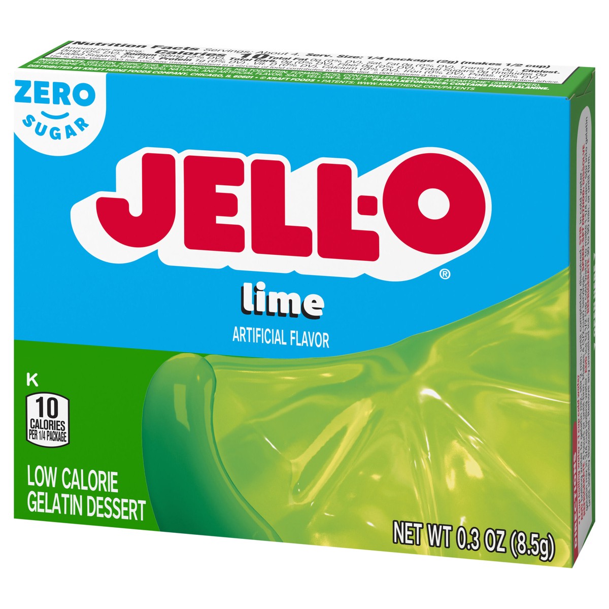 slide 4 of 9, Jell-O Lime Artificially Flavored Zero Sugar Low Calorie Gelatin Dessert Mix, 0.3 oz Box, 0.3 oz