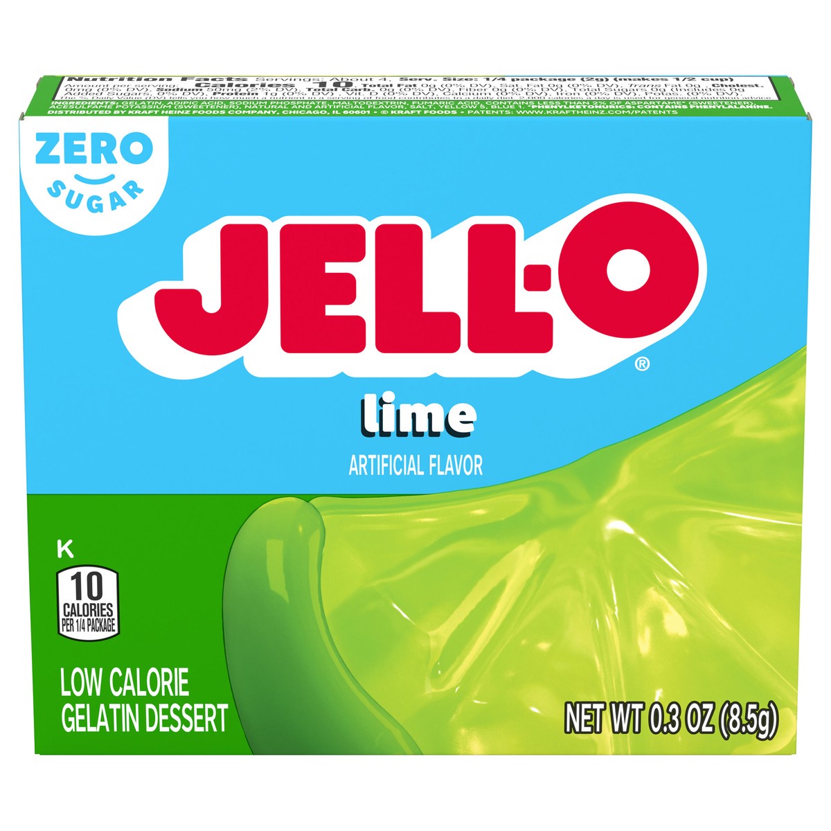 slide 1 of 9, Jell-O Lime Artificially Flavored Zero Sugar Low Calorie Gelatin Dessert Mix, 0.3 oz Box, 0.3 oz