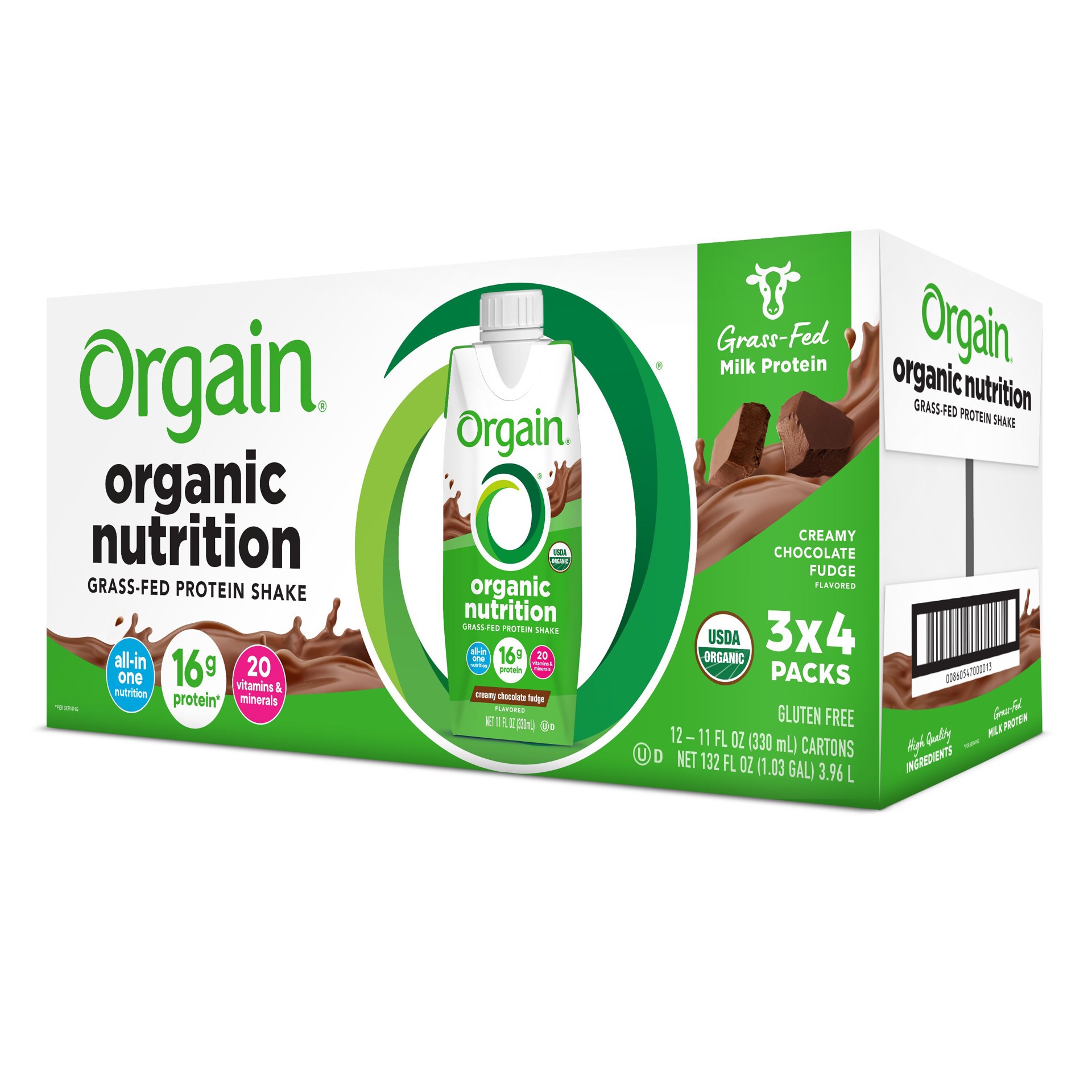 slide 4 of 10, Orgain Organic Nutrition Shake, Grass Fed Protein, Creamy Chocolate Fudge 11oz, 3x4ct, 132 fl oz