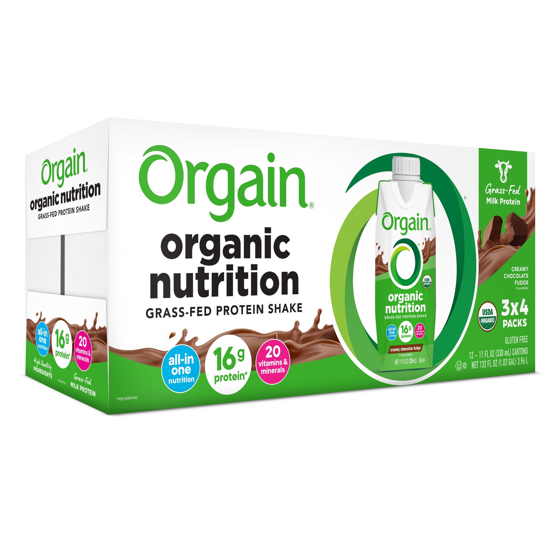 slide 5 of 10, Orgain Organic Nutrition Shake, Grass Fed Protein, Creamy Chocolate Fudge 11oz, 3x4ct, 132 fl oz