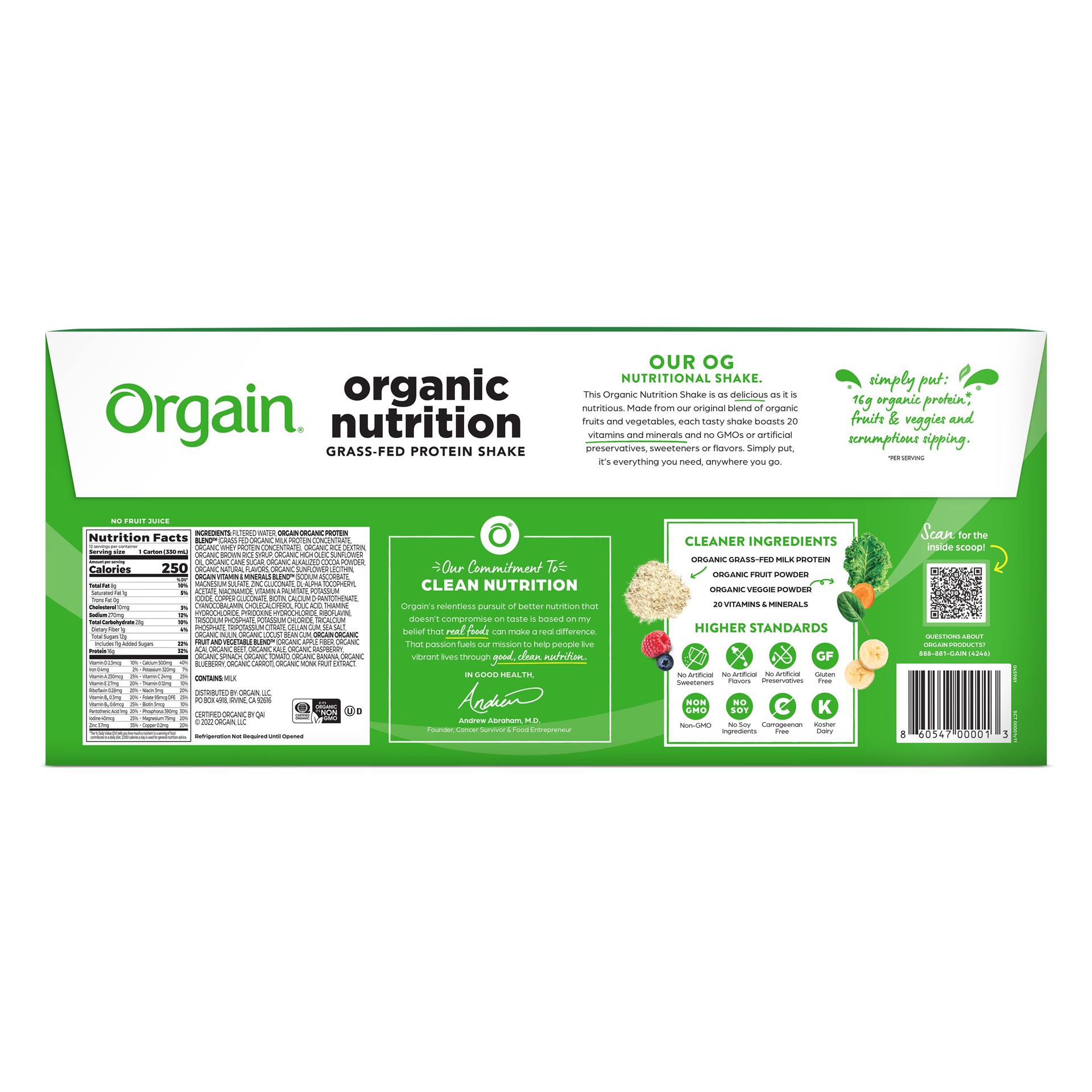 slide 9 of 10, Orgain Organic Nutrition Shake, Grass Fed Protein, Creamy Chocolate Fudge 11oz, 3x4ct, 132 fl oz