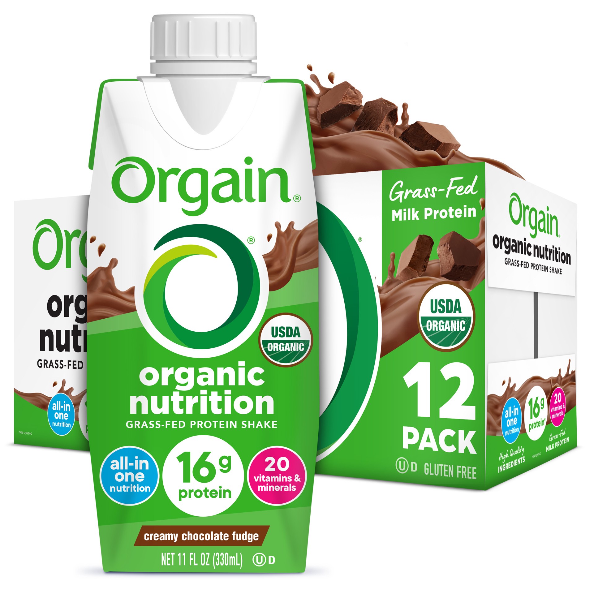 slide 1 of 10, Orgain Organic Nutrition Shake, Grass Fed Protein, Creamy Chocolate Fudge 11oz, 3x4ct, 132 fl oz