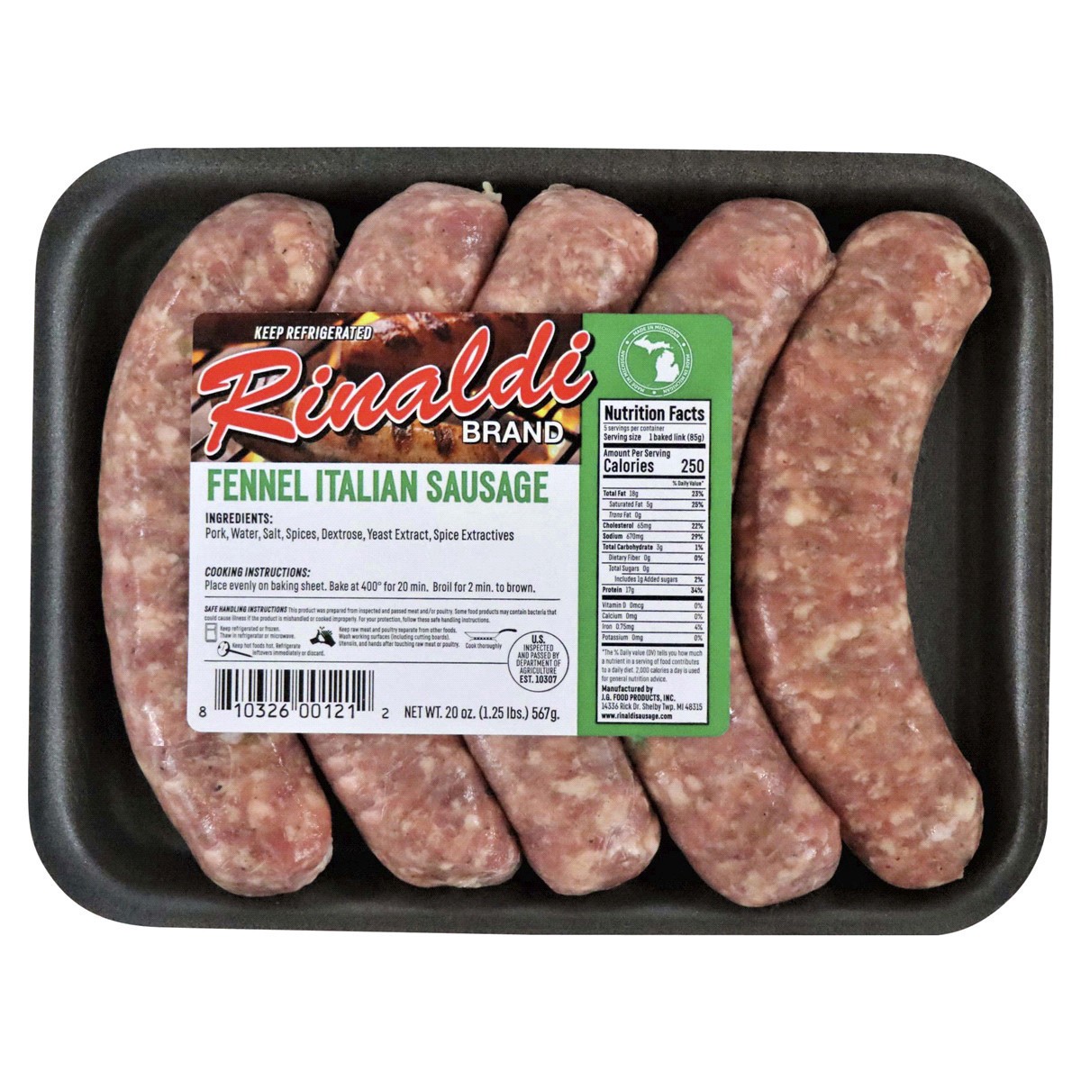 slide 1 of 1, OTHER-NATIONAL Rinaldi Fennel Italian sausage Green writing, 20oz 5-4oz links, 20 oz
