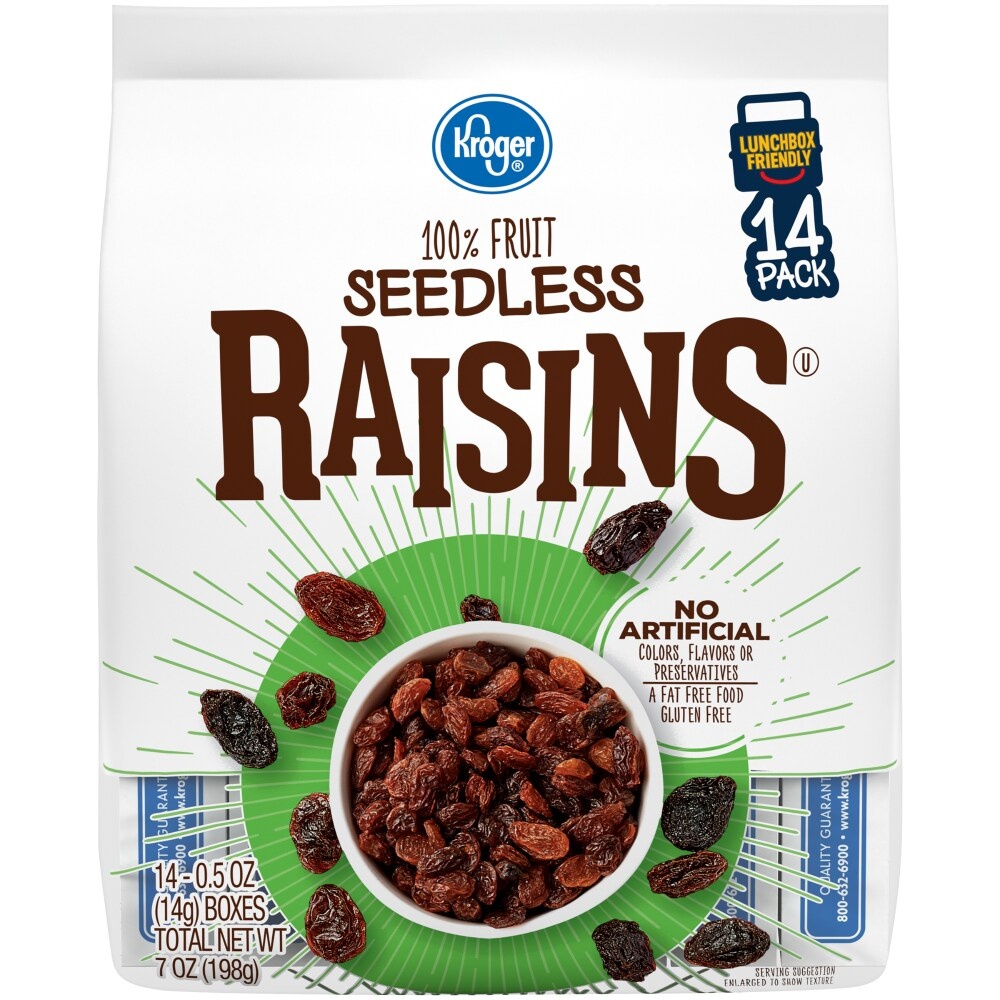 slide 1 of 1, Kroger Seedless Raisins, 14 ct; 0.5 oz
