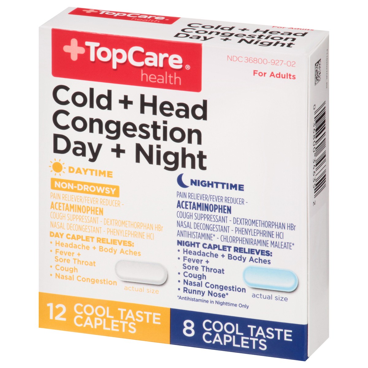 slide 3 of 10, TopCare Pain Reliever/Nasal Decongestant/Cough Suppressant/Antihistamine Cold Head Congestion, 20 ct