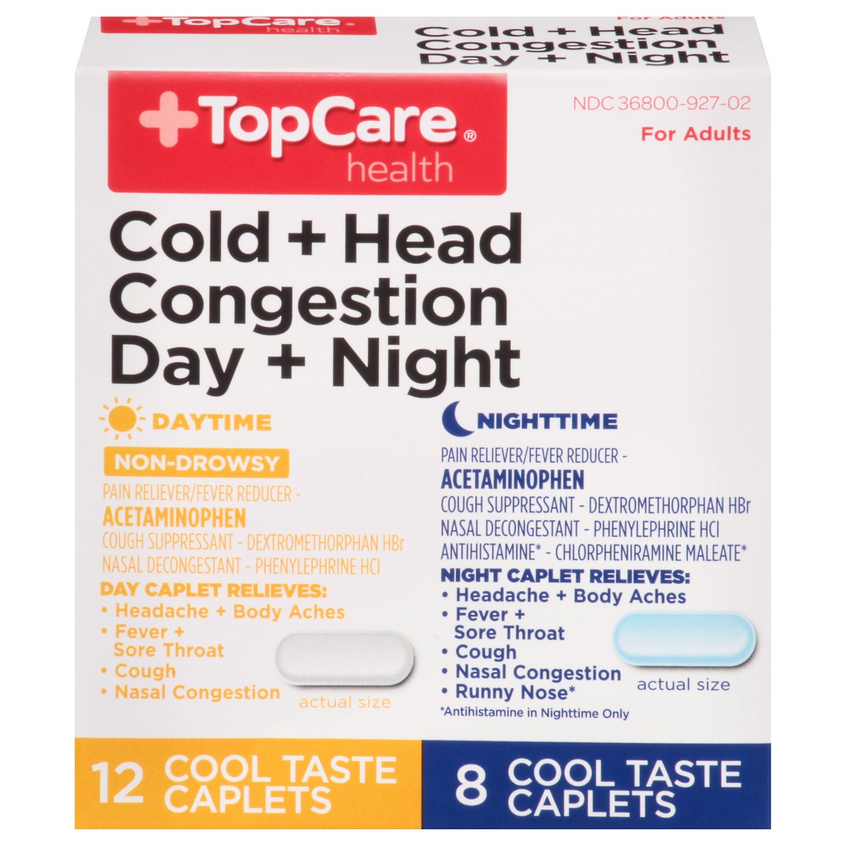 slide 1 of 10, TopCare Pain Reliever/Nasal Decongestant/Cough Suppressant/Antihistamine Cold Head Congestion, 20 ct