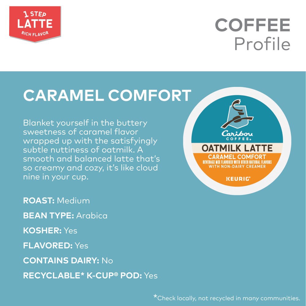 slide 2 of 6, Caribou Coffee Caramel Comfort Oat Milk Latte, Keurig Single Serve K-Cup - 10 ct, 10 ct