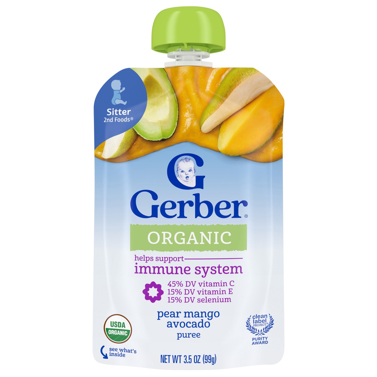 slide 1 of 9, Gerber Stage 2 Baby Food\, Pear Mango Avocado Puree\, 3.5 Oz Pouch, 3.5 oz