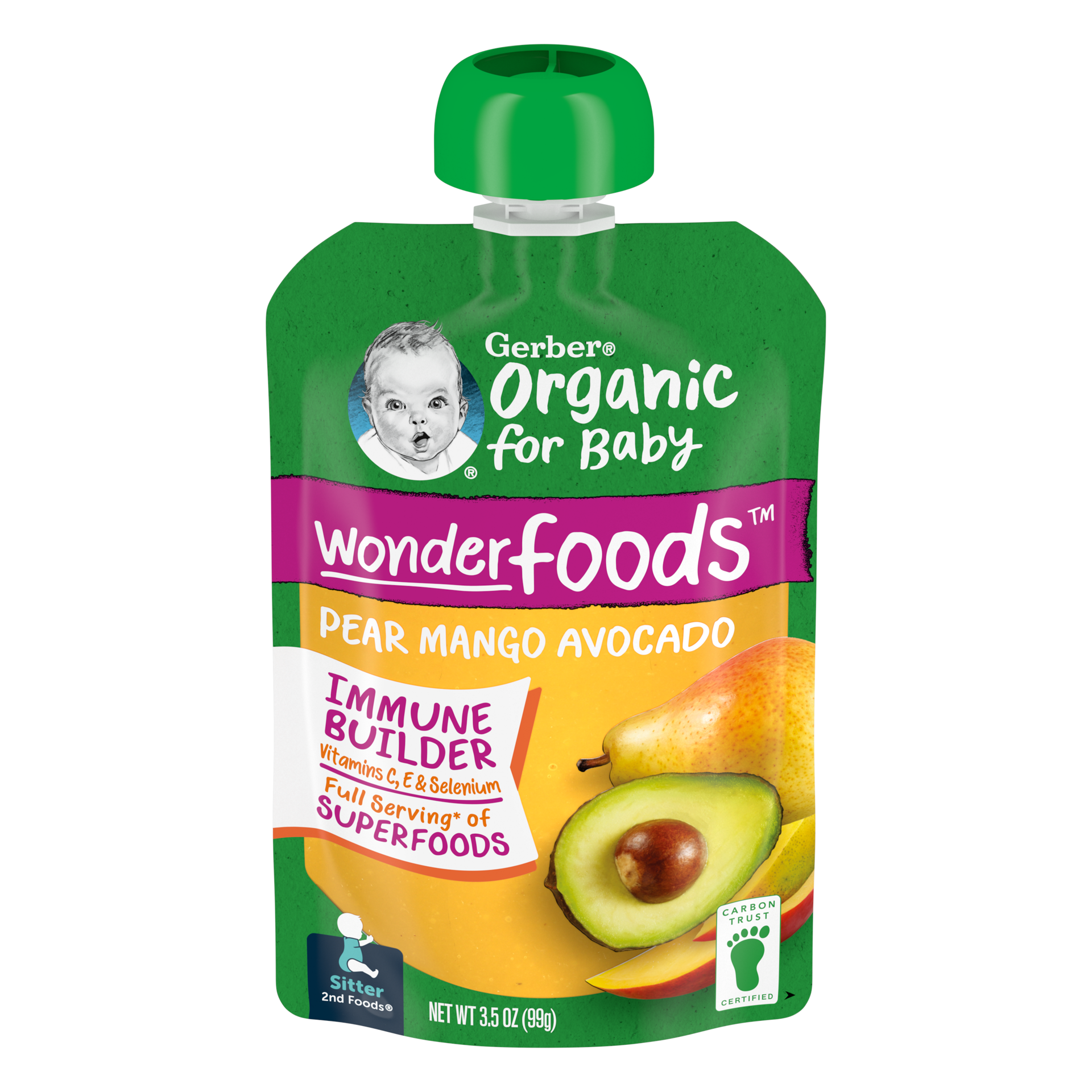 slide 1 of 9, Gerber Organic WonderFoods Baby Food Pouch, Immune Builder, Pear Mango Avocado, 3.5 Oz, 3.5 oz