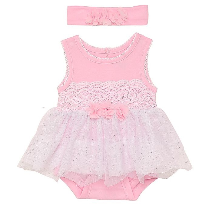 slide 1 of 1, Baby Starters Newborn Lace and Tulle Skirted Bodysuit with Headband - Pink, 2 ct