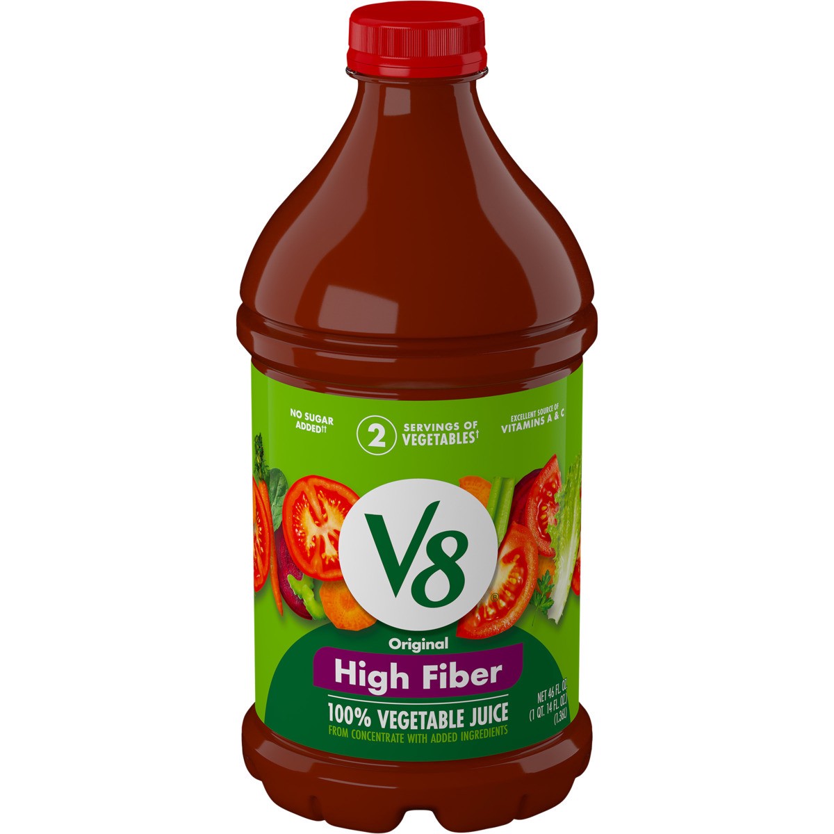 slide 1 of 5, V8 High Fiber Original 100% Vegetable Juice, 46 fl oz Bottle, 46.000 fl oz