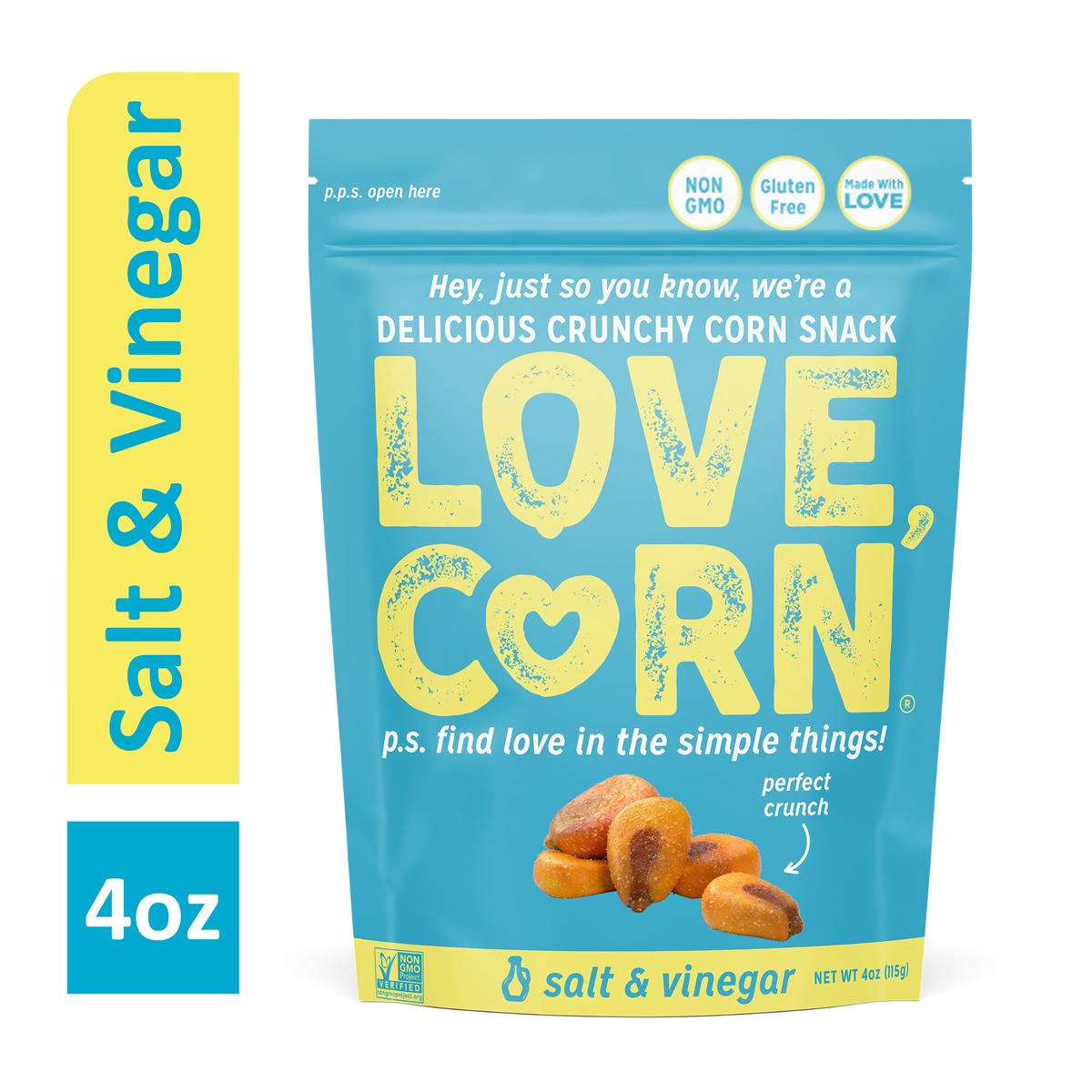 slide 1 of 1, LOVE CORN Salt & Vinegar 4oz, 4 oz