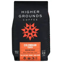 Higher Grounds Whole Bean Medium Roast Colombian Cauca Coffee 12 oz