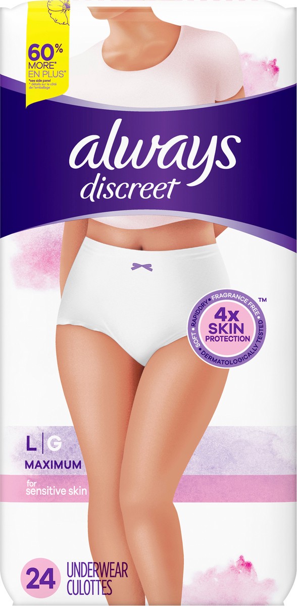 slide 3 of 5, Always Discreet for Sensitive Skin Underwear L, 24 ct