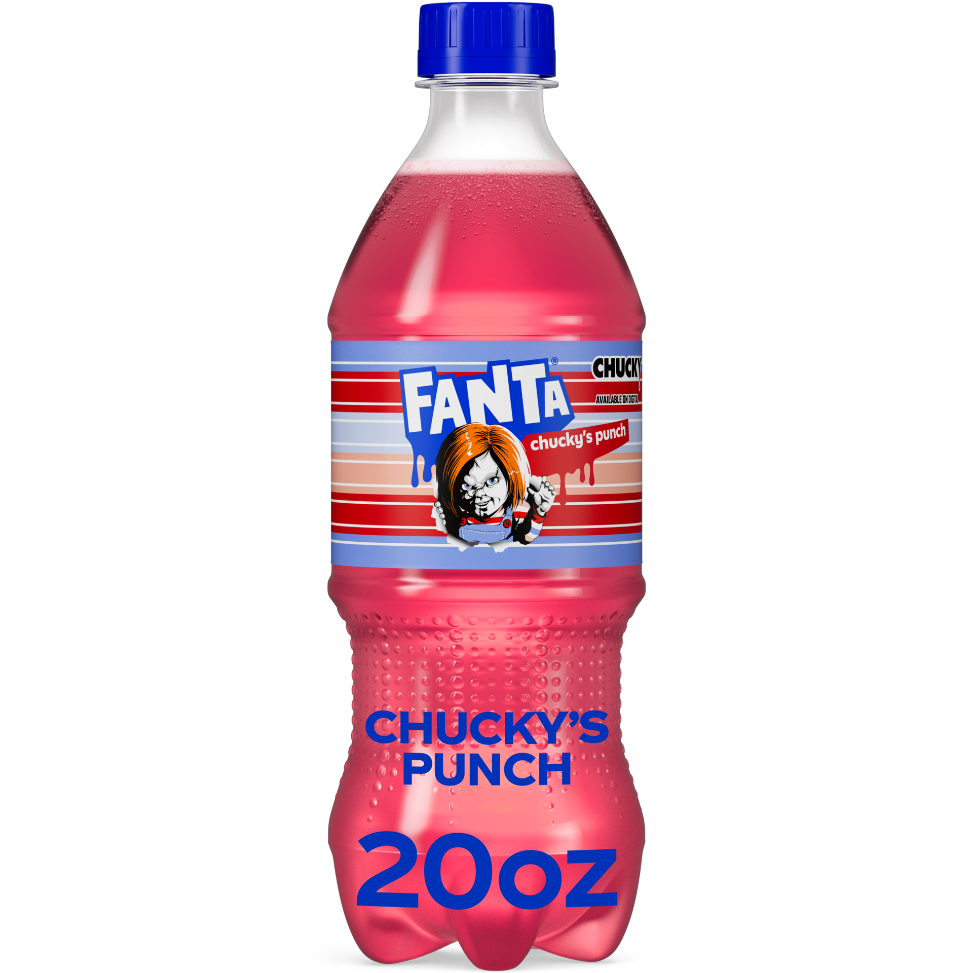 slide 1 of 5, Fanta Fruit Punch Caffeine Free Soda Soft Drink, Chucky's Punch Halloween Edition, 20 fl oz, bottle, 20 fl oz