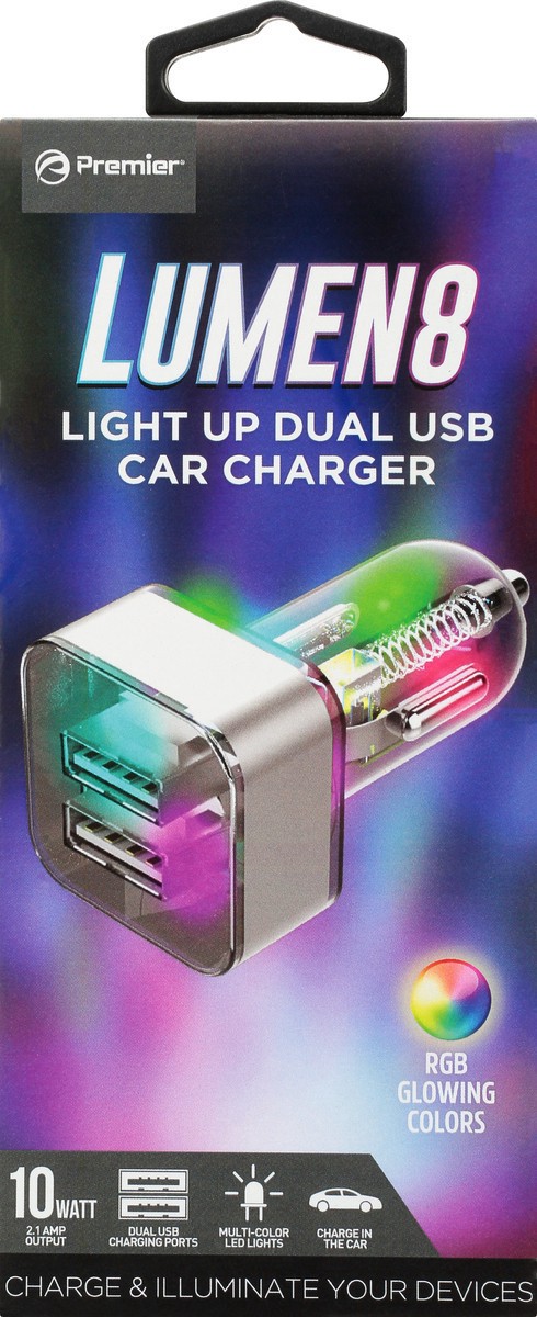 slide 2 of 11, Lumen8 10 Watt Light Up Dual USB Car Charger 1 ea, 1 ct