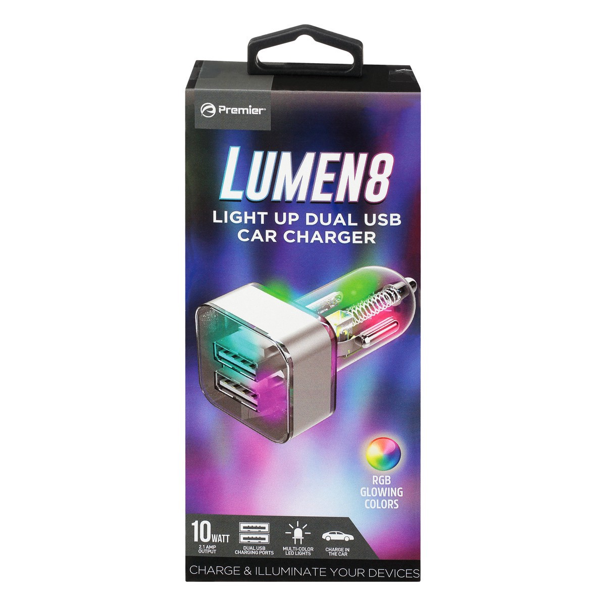 slide 1 of 11, Lumen8 10 Watt Light Up Dual USB Car Charger 1 ea, 1 ct