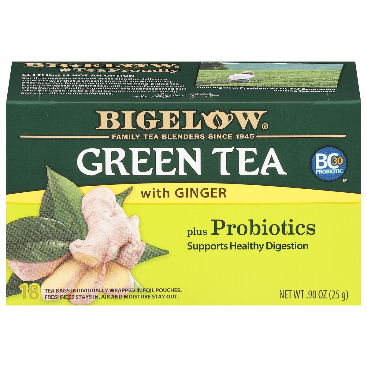 slide 1 of 6, Bigelow Green Tea Ginger Plus Probiotics Tea Bags, 18 ct