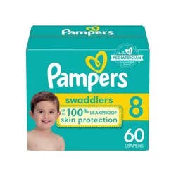Pampers Swaddlers Diapers, Size S8 (30+ lbs), 60 Count, Absorbent, Keeps Baby Dry and Comfortable, Pediatrician Recommended Skin Safe Disposable Baby Diaper