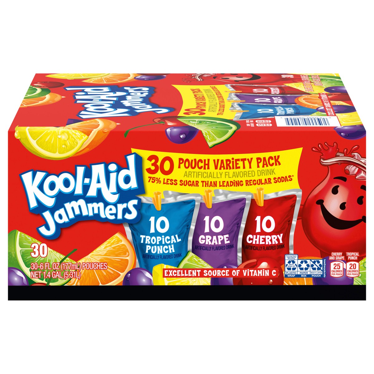 slide 1 of 5, Kool-Aid Jammers Tropical Punch, Grape & Cherry Flavored 0% Juice Drink Variety Pack, 30 ct Box, 6 fl oz Pouches, 30 ct