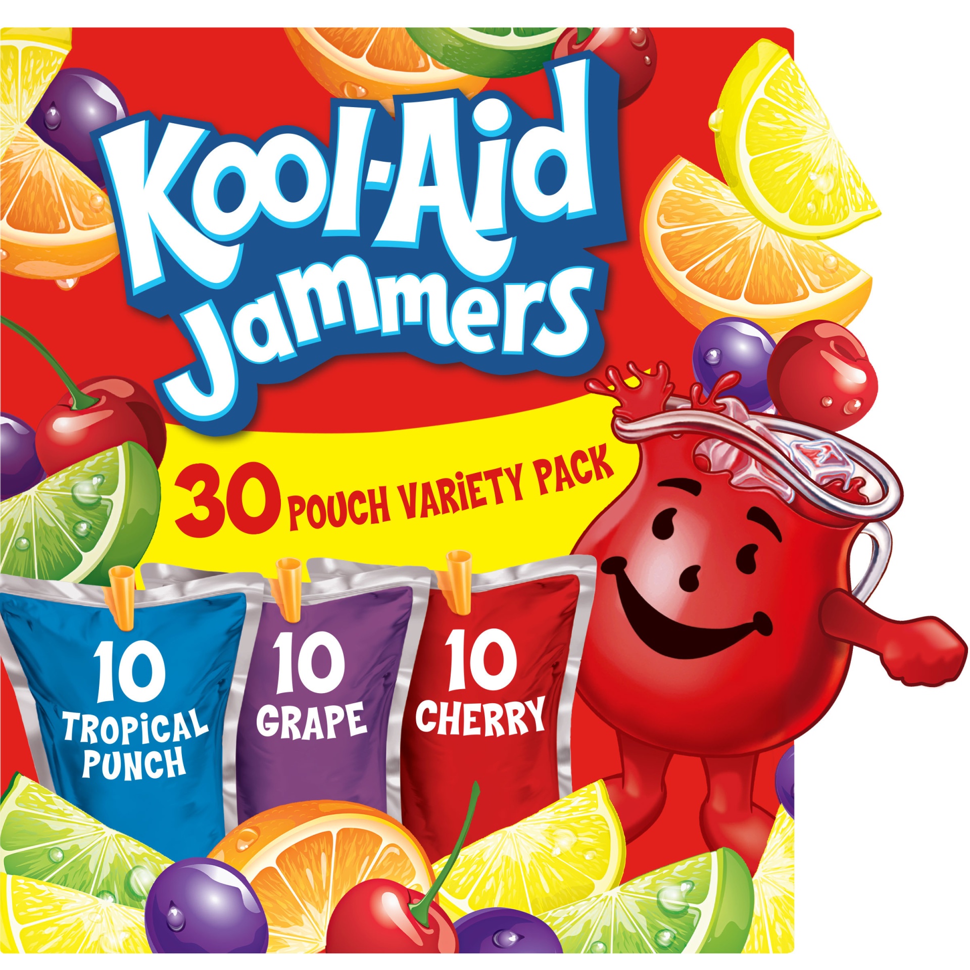 slide 1 of 2, Kool-Aid Jammers Tropical Punch, Grape & Cherry Artificially Flavored Drink Variety Pack Pouches, 30 ct; 6 fl oz
