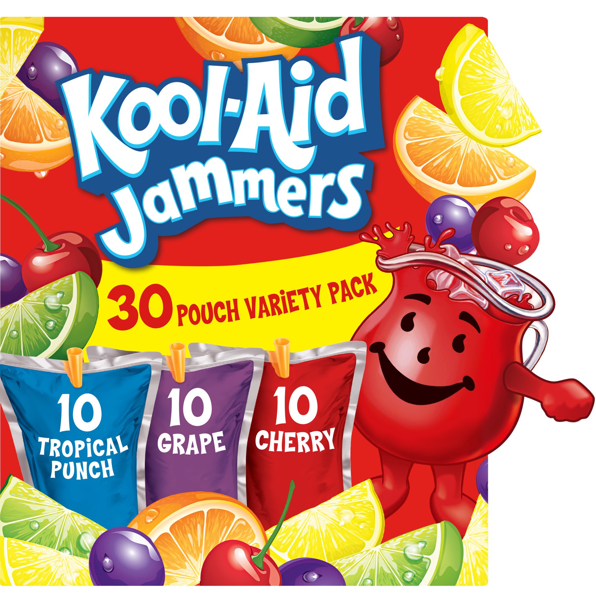 slide 1 of 5, Kool-Aid Jammers Tropical Punch, Grape & Cherry Flavored 0% Juice Drink Variety Pack, 30 ct Box, 6 fl oz Pouches, 30 ct