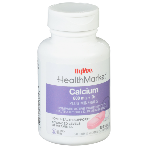 slide 1 of 1, Hy-Vee HealthMarket Calcium 600+D3 Plus Minerals Calcium Supplement Caplets, 100 ct